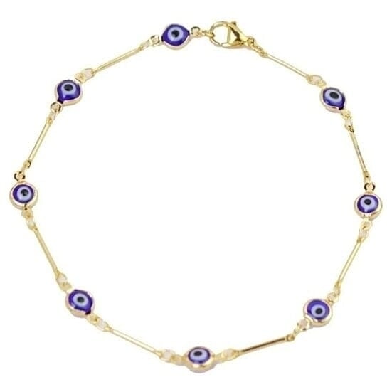 18k Gold Plated Bar Style Blue Evil Eye Crystal Anklet Image 2