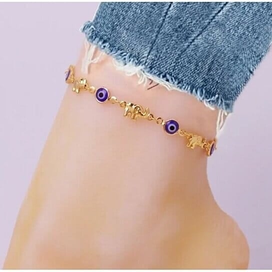 18k Gold Plated Elephant Blue Evil Eye Anklet Image 4