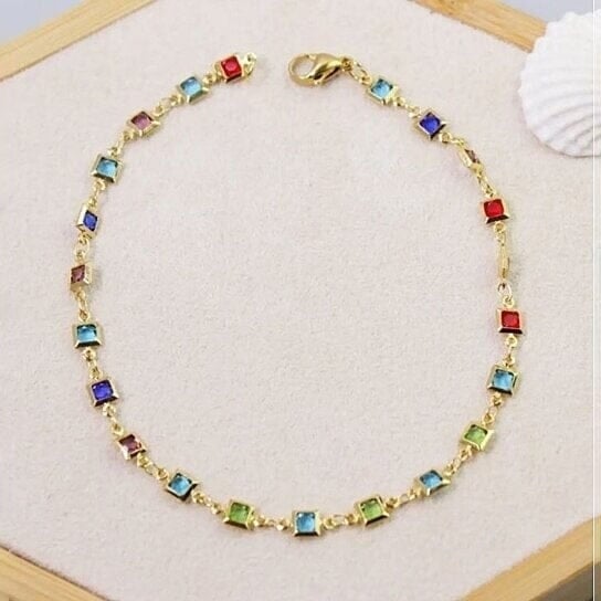 18K Gold Plated Light Multi Color Crystal Square Ankle Bracelet Image 2