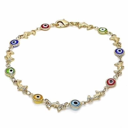 18k Womens Gold Filled High Polish Finish Dolphin Multi-color Evil Eye Lobster Clasp Ankle Bracelet 10 Inch Image 1