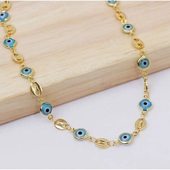 18k Gold Plated Mariner Light Blue Evil Eye Crystal Anklet Image 3