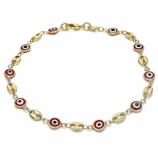 18k Womens Gold Filled High Polish Finish Mariner Marina- Red Evil Eye Lobster Clasp Ankle Bracelet 10 Inch Image 1