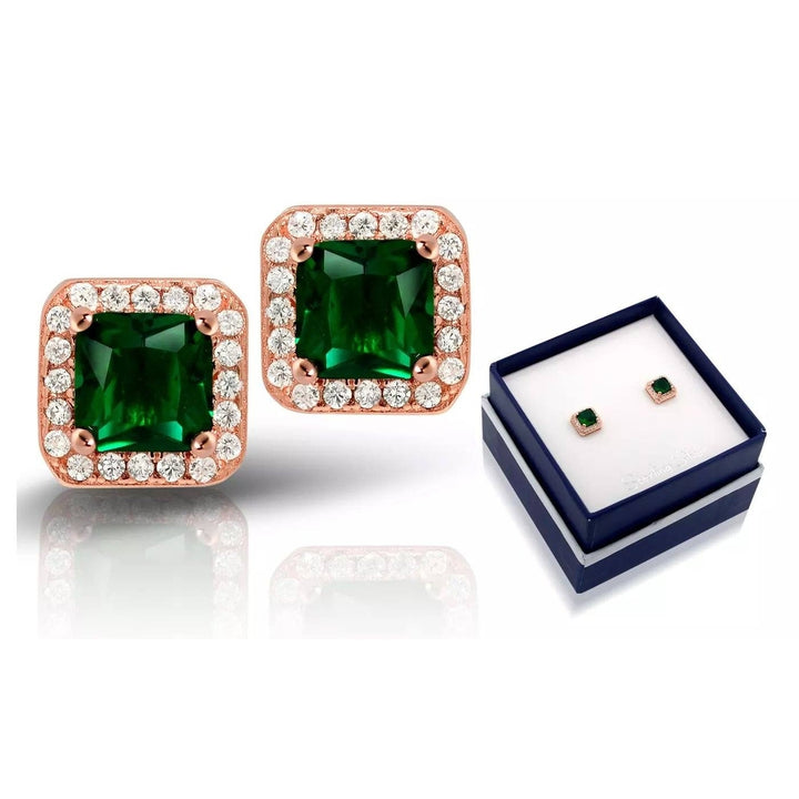 18K Rose Gold Over Sterling Silver Created Green Emerald Halo Studs by MUIBLU Gems Image 1