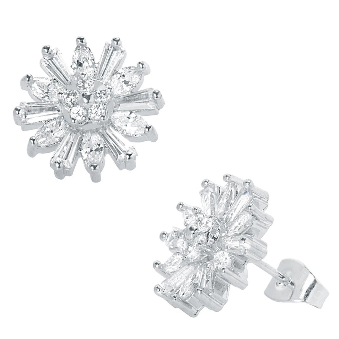 18K White Gold Plated Baguette Flower Stud Earring Image 1