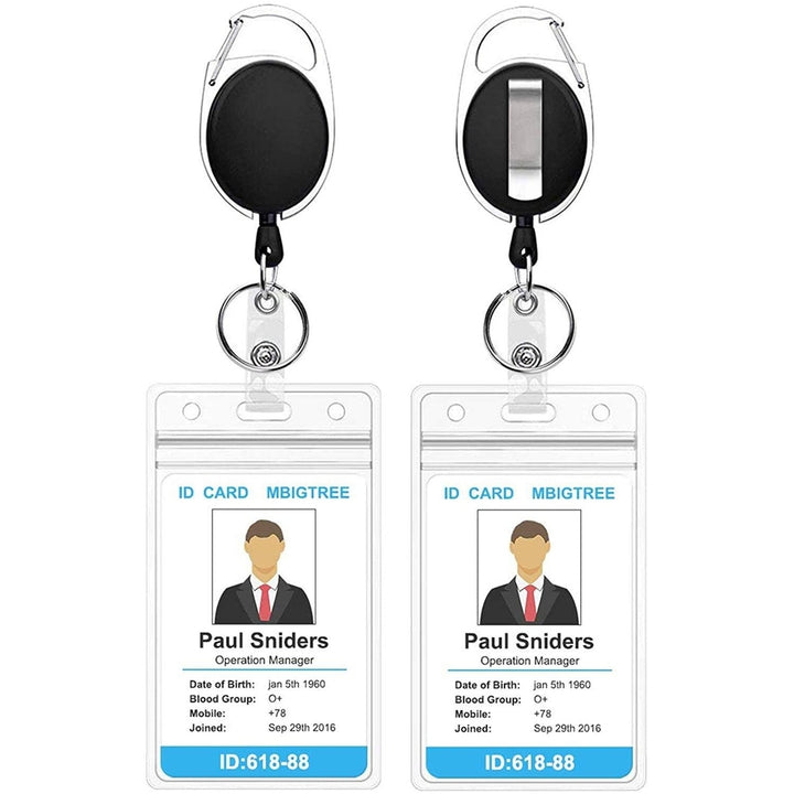 2-Pack: Heavy Duty Retractable Badge Holders with Carabiner Reel Clip and Vertical Style Clear ID Card Holders Image 1