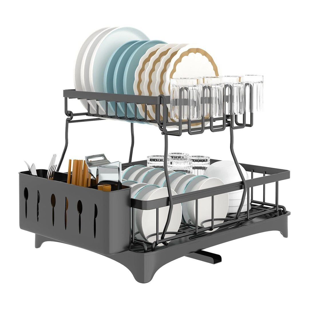 2-Tier Dish Rack Drainer Organizer Set with Utensil Cup Holder Rack Swivel Spout Image 1