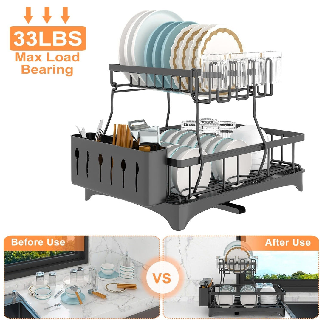 2-Tier Dish Rack Drainer Organizer Set with Utensil Cup Holder Rack Swivel Spout Image 4