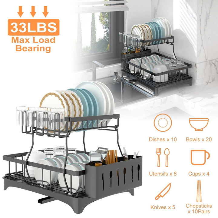 2-Tier Dish Rack Drainer Organizer Set with Utensil Cup Holder Rack Swivel Spout Image 4