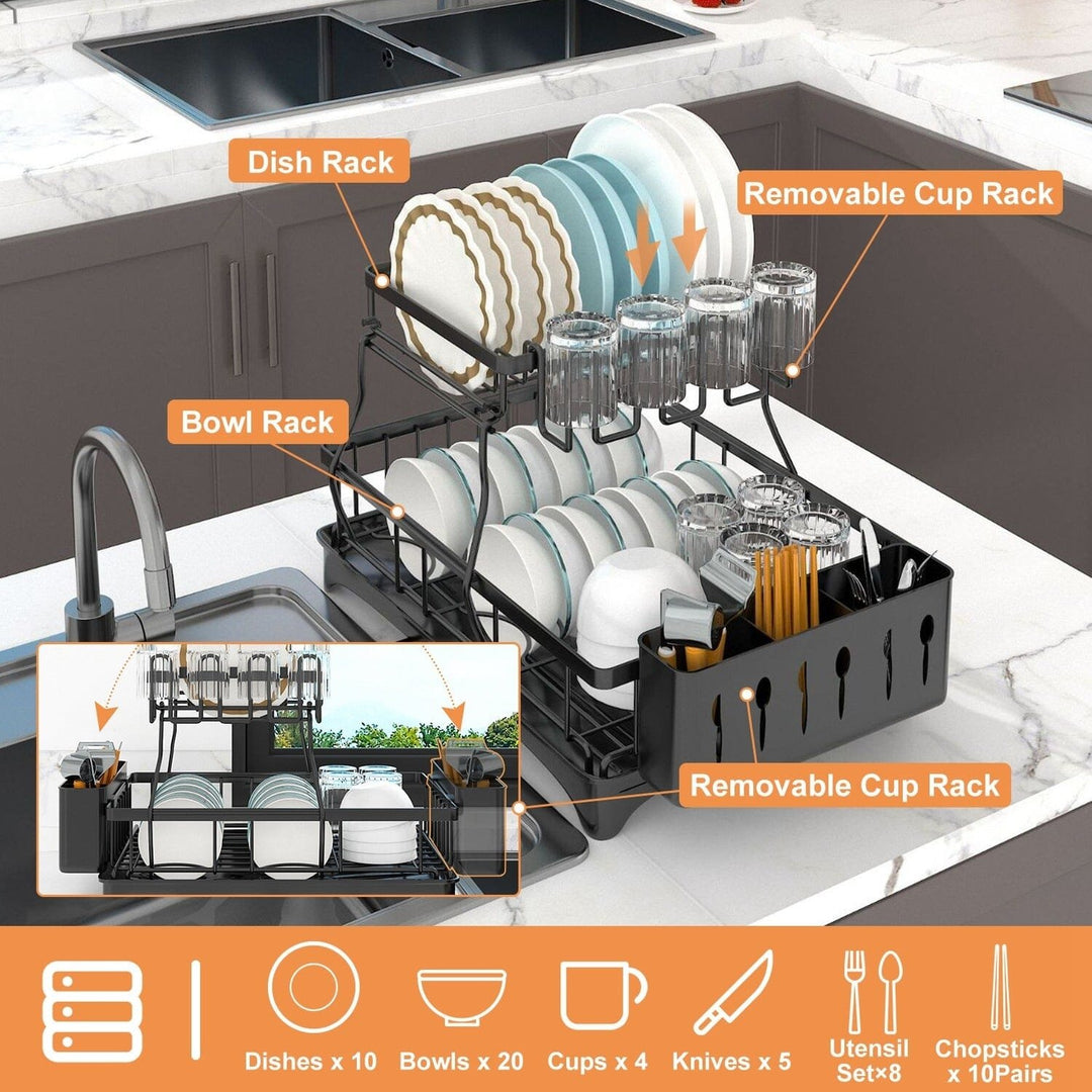 2-Tier Dish Rack Drainer Organizer Set with Utensil Cup Holder Rack Swivel Spout Image 10