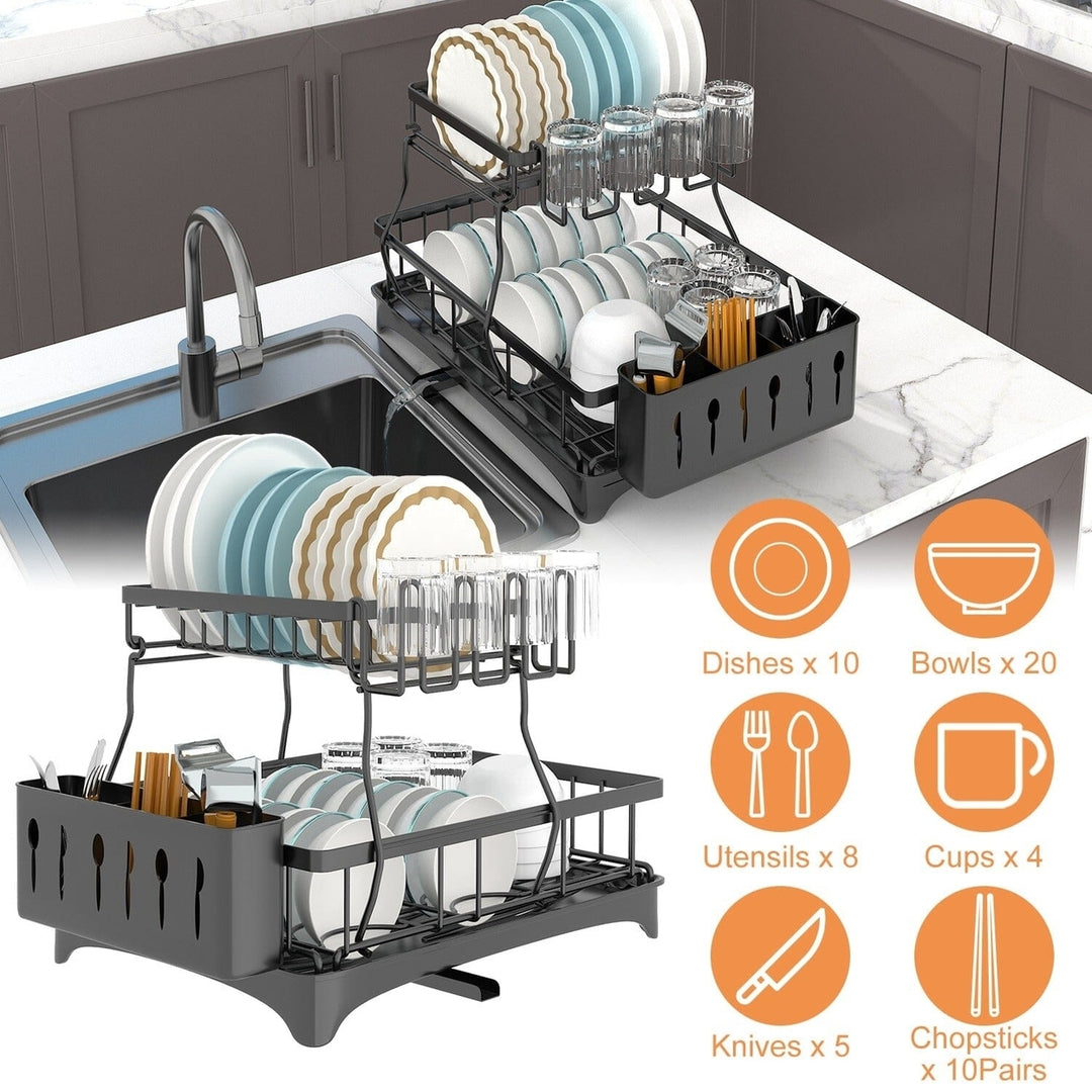 2-Tier Dish Rack Drainer Organizer Set with Utensil Cup Holder Rack Swivel Spout Image 12