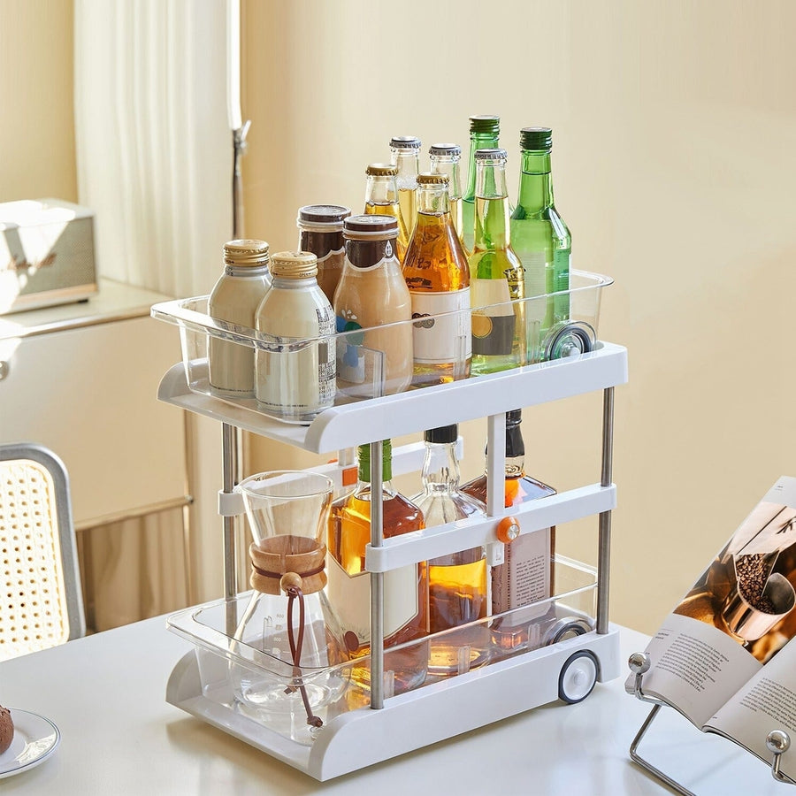 2-Tier Height Adjustable Under Sink Organizer with Flexible Wheels 2 Clear Trays Image 1