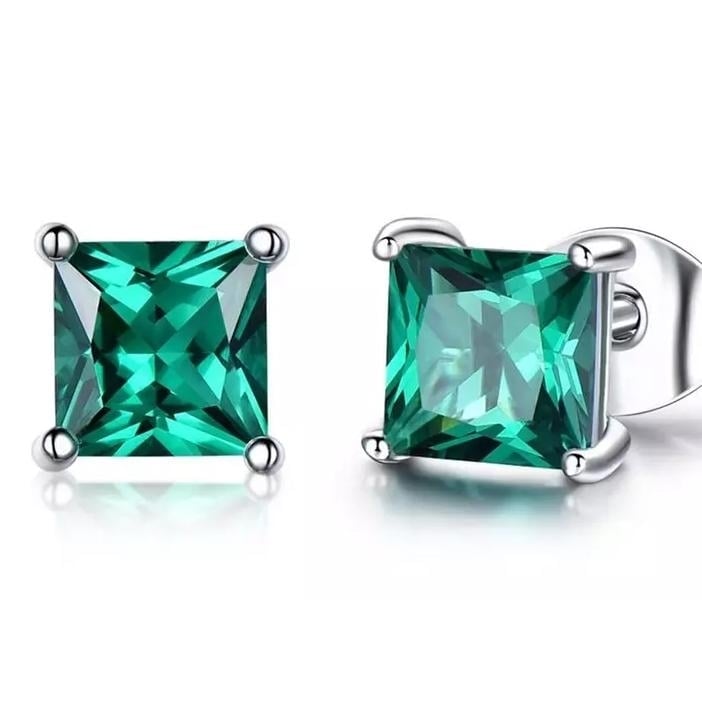 2.00 CTTW Sterling Silver Emerald Princess Cut Studs Image 1