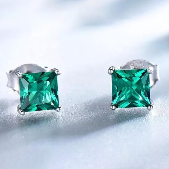 2.00 CTTW Sterling Silver Emerald Princess Cut Studs Image 2