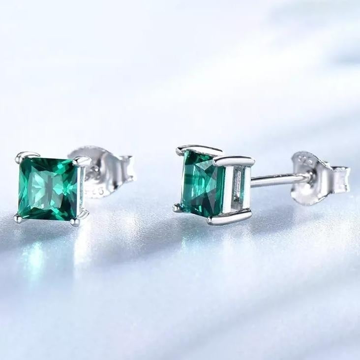 2.00 CTTW Sterling Silver Emerald Princess Cut Studs Image 3