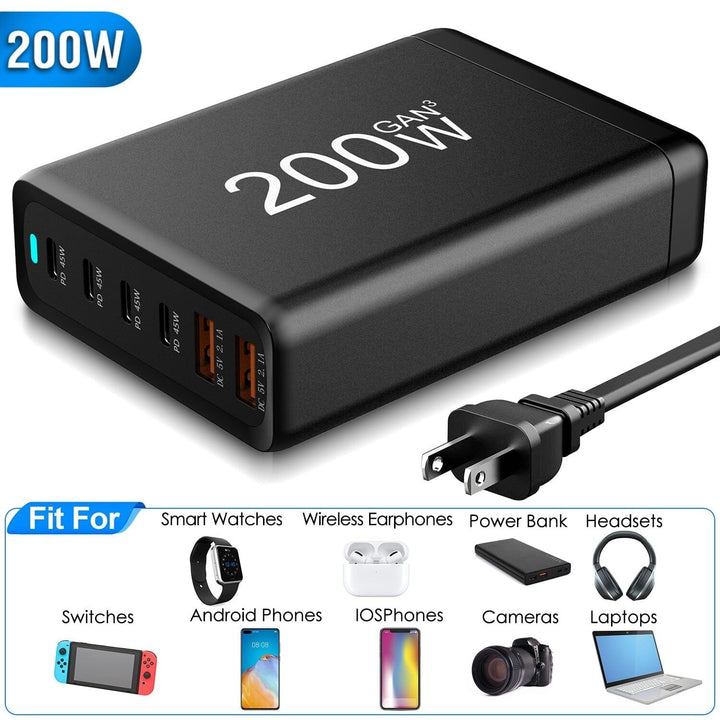 200W Fast Wall Charger with 6 Charging Ports Desktop USB Charging Station Image 4