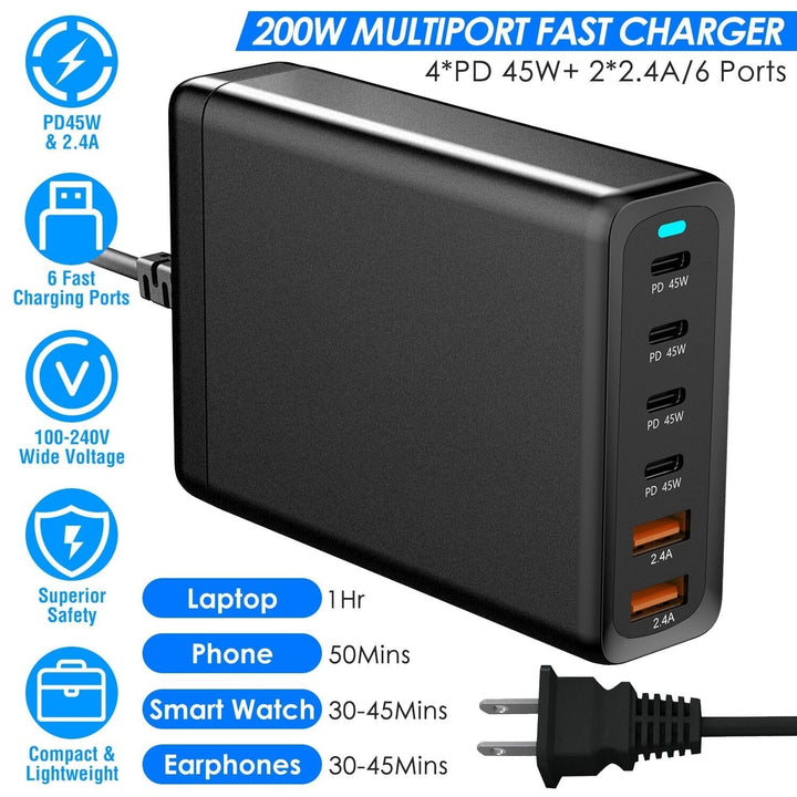 200W Fast Wall Charger with 6 Charging Ports Desktop USB Charging Station Image 4