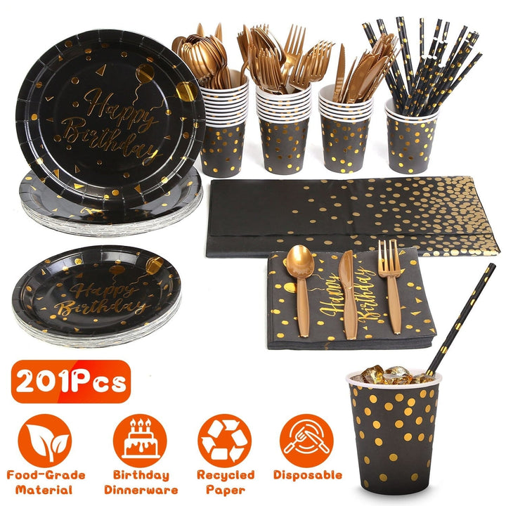 201 Pieces: Black Gold Disposable Dinnerware Set Image 4