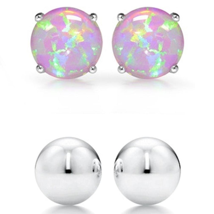 2-Pairs: Pink Opal Stud and Sterling Silver Ball Stud Set Image 1