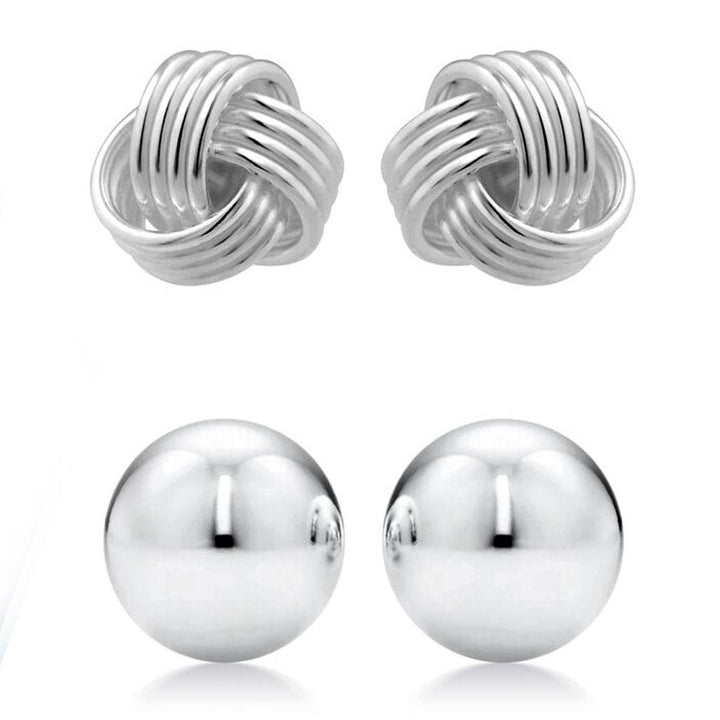 2-Pairs: Sterling Silver Love Knot and Ball Stud Earring Set Image 1