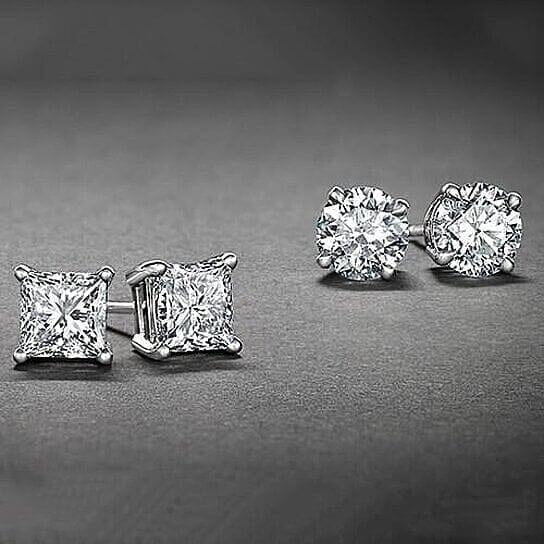 2-Pairs: White Gold High Polish Finish Stud Earrings Cubic Zirconia Round and Princess Cut Image 1