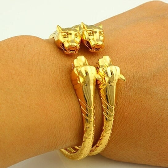 2-Piece Set: 18k Yellow Gold Filled High Polish Finish Lion Adjustable Bangle Image 1