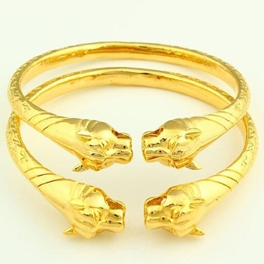 2-Piece Set: 18k Yellow Gold Filled High Polish Finish Lion Adjustable Bangle Image 2