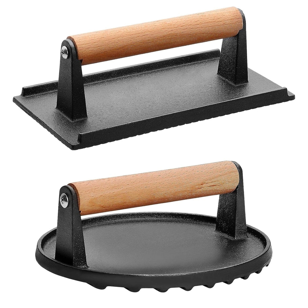 2-Pieces: Cast Iron Grill Press Pre-Seasoned Steak Weights Smash Burger Press Image 2