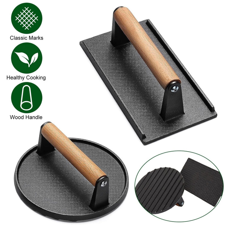 2-Pieces: Cast Iron Grill Press Pre-Seasoned Steak Weights Smash Burger Press Image 4