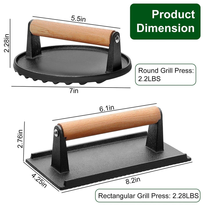 2-Pieces: Cast Iron Grill Press Pre-Seasoned Steak Weights Smash Burger Press Image 7