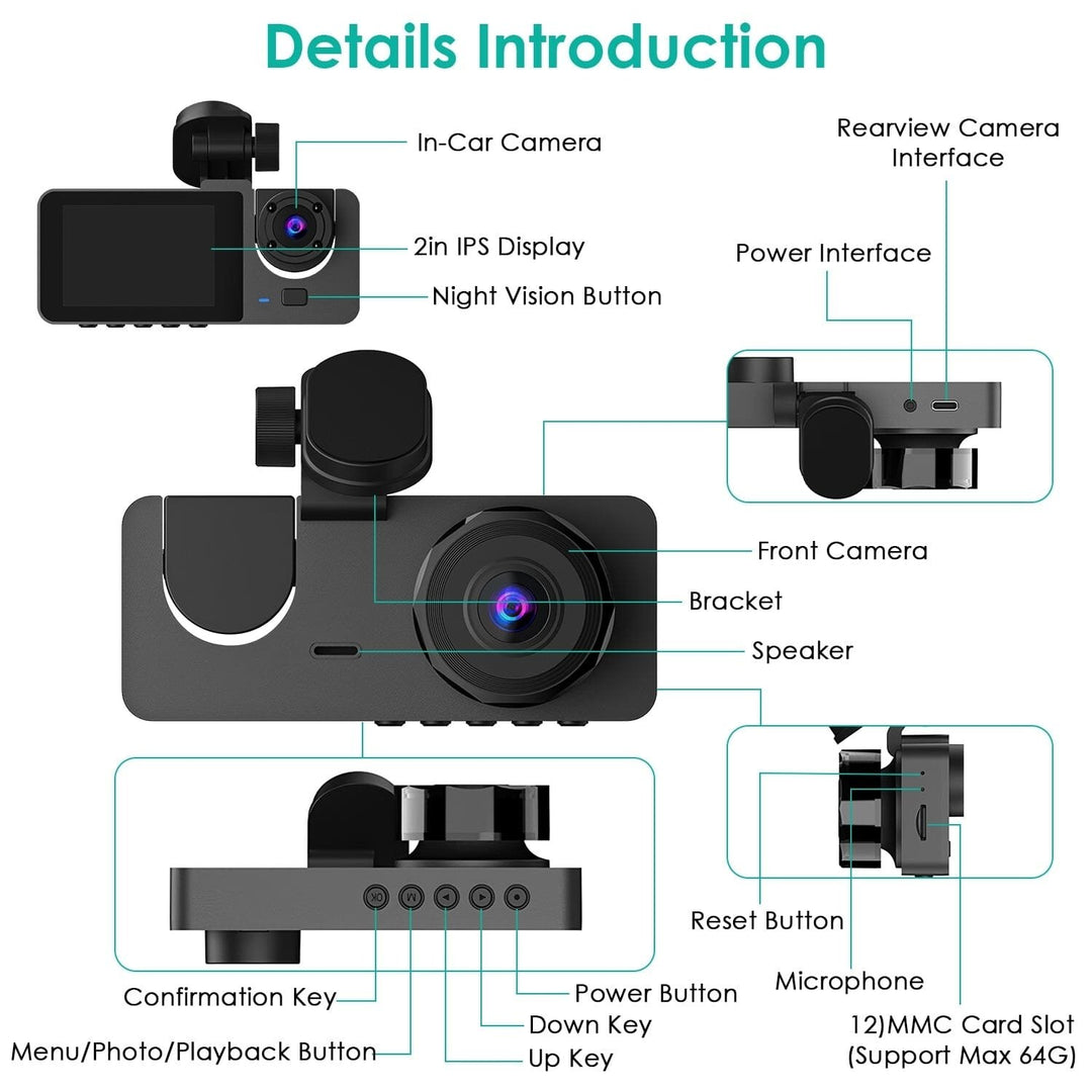 3 Channel Dash Cam Front Inside Rear Vehicle Driving Recorder Car DVR Image 4