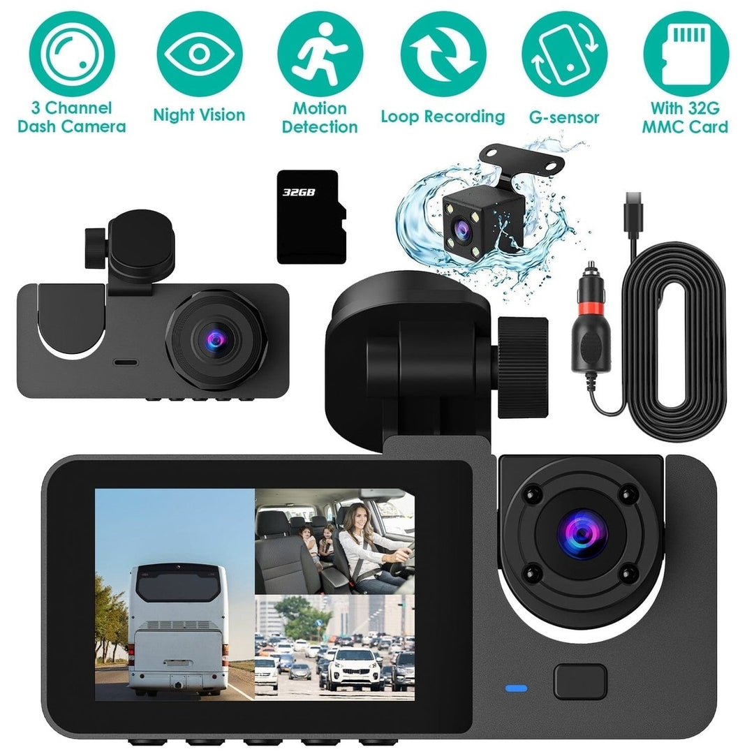 3 Channel Dash Cam Front Inside Rear Vehicle Driving Recorder Car DVR Image 7