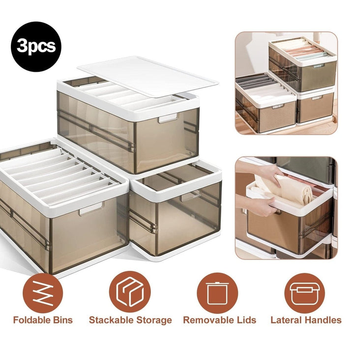 3-Pack: Foldable Storage Bin with Lid Stackable Plastic Closet Organizer Image 4