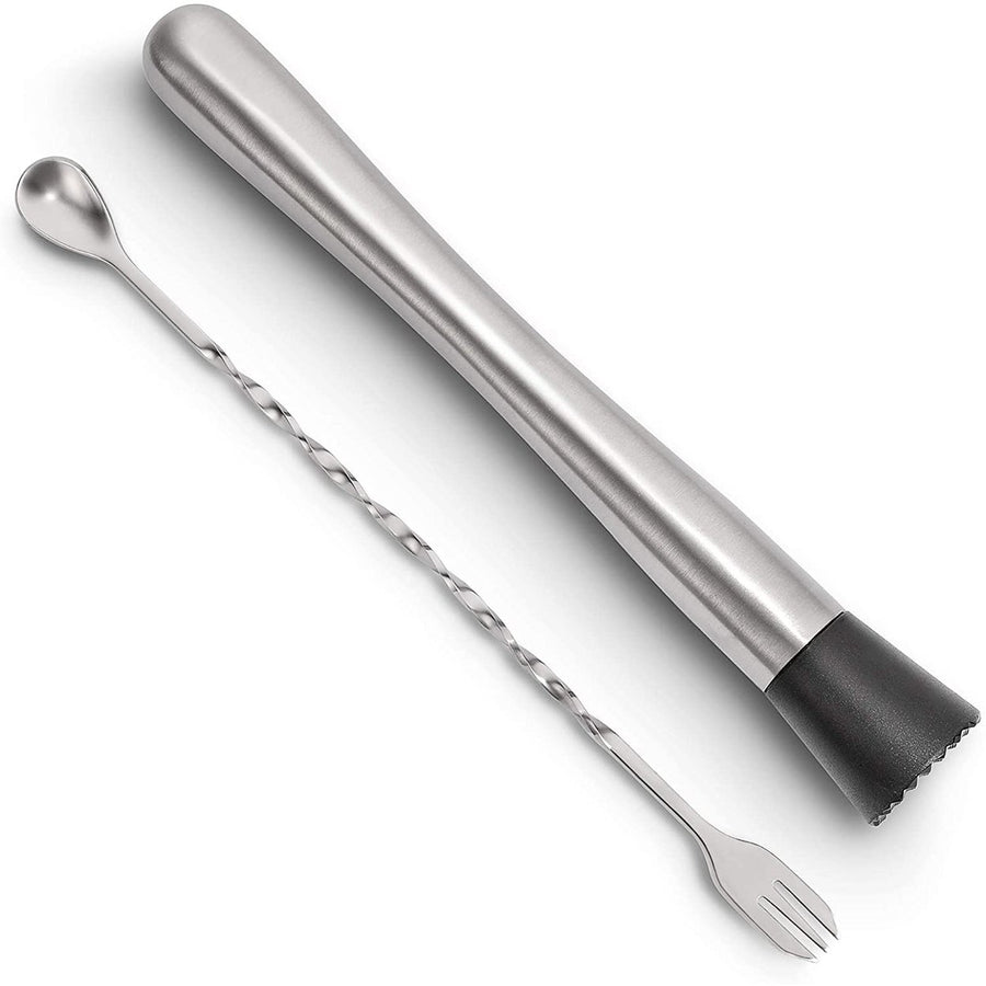 2-Piece Set: Hiware 10 Inch Stainless Steel Cocktail Muddler and Mixing Spoon Home Bar Tool Set Image 1