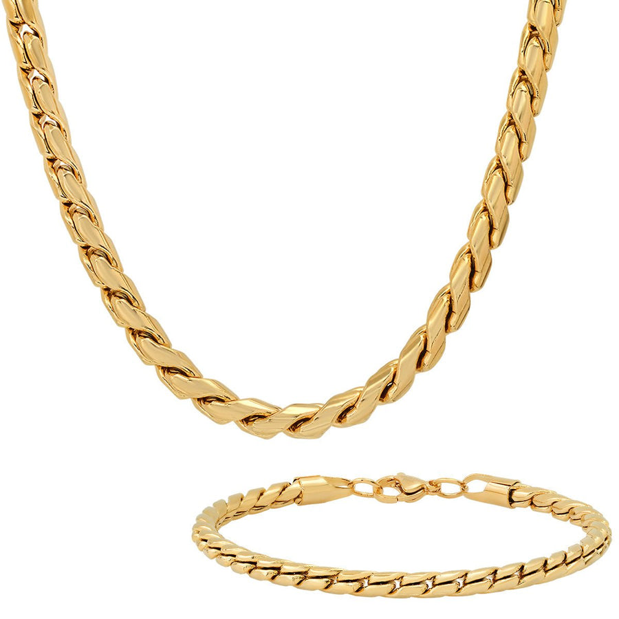 2-Piece Set: Mens 18k Gold Plated Stainless Steel Round Twisted Fancy Link Necklace and Bracelet Image 1