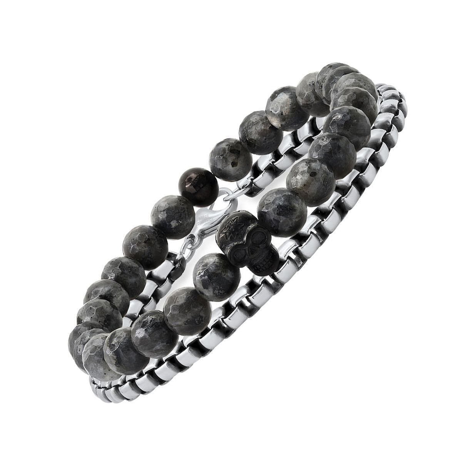 2-Piece Set: Mens Gray Agate and Black IP Stainless Steel Skull Beaded and Box Link Bracelet Image 1