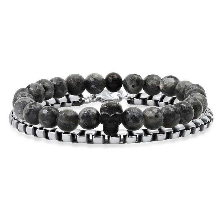 2-Piece Set: Mens Gray Agate and Black IP Stainless Steel Skull Beaded and Box Link Bracelet Image 2