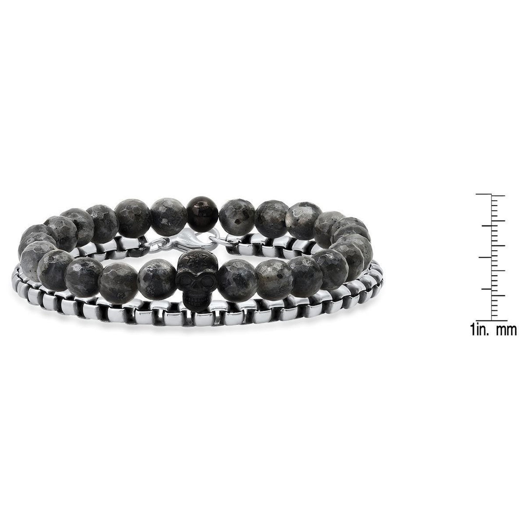 2-Piece Set: Mens Gray Agate and Black IP Stainless Steel Skull Beaded and Box Link Bracelet Image 3