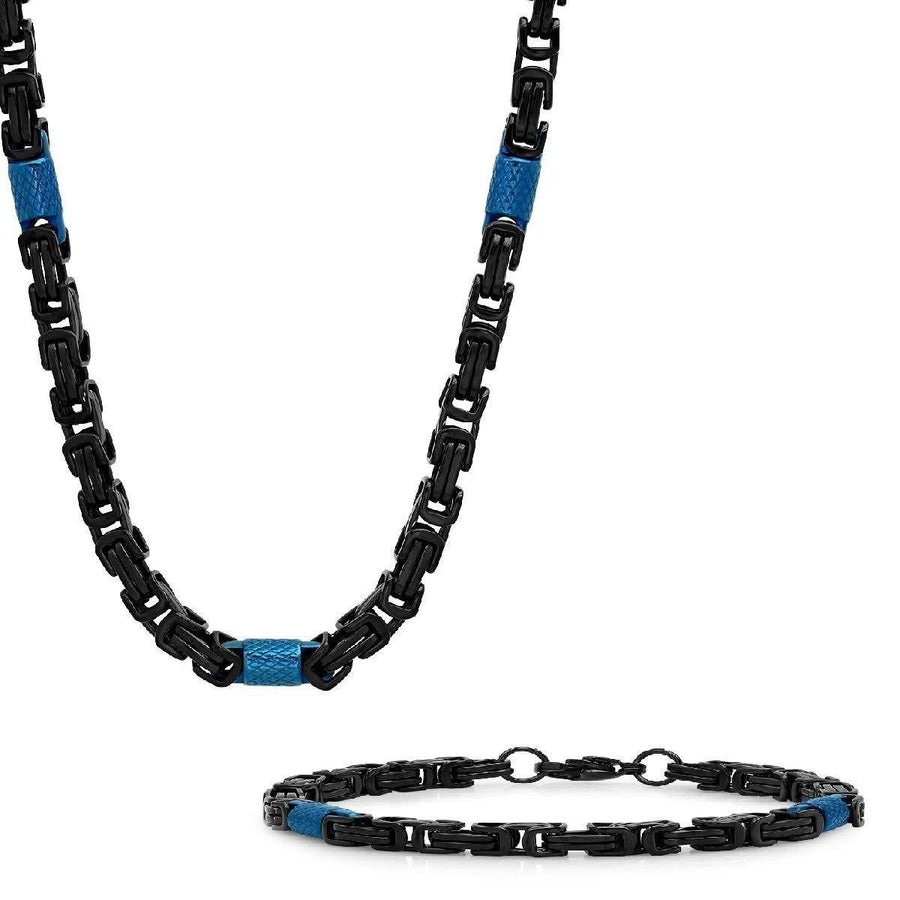 2-Piece Set: Two Tone Black and Blue Byzantine Mens Bracelet and Necklace Image 1