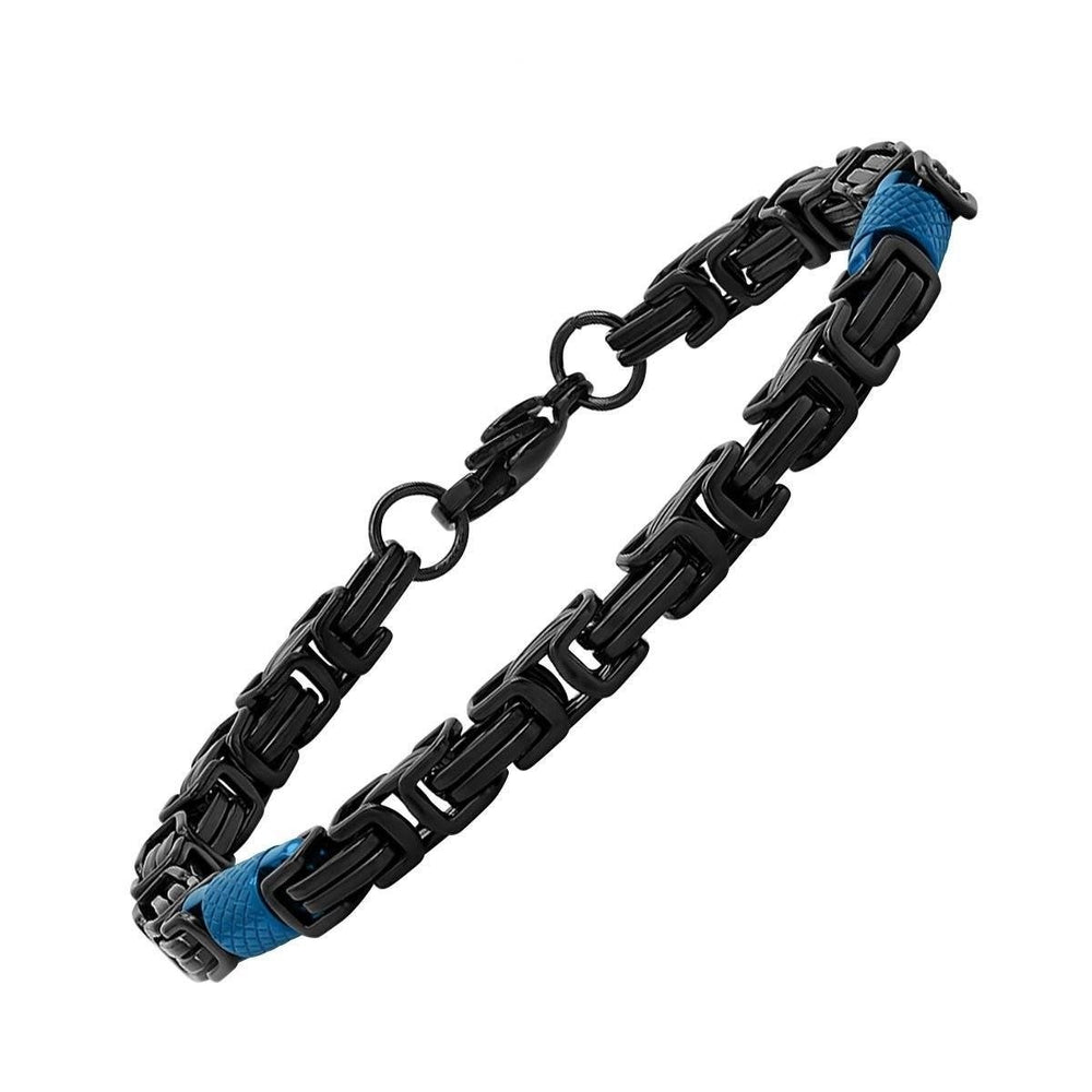 2-Piece Set: Two Tone Black and Blue Byzantine Mens Bracelet and Necklace Image 2