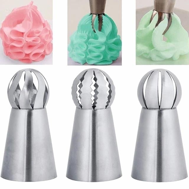 3-Pieces: Russian Stainless Steel Tips Tulip Sphere Whip Cream Buttercream Icing Piping Nozzles Image 1