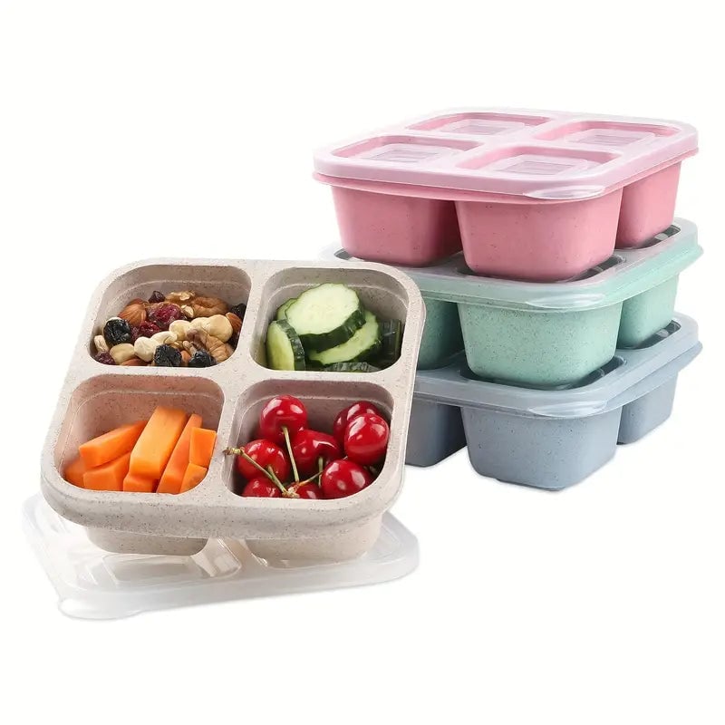 4-Pack: Snack Container With 4 Compartments Divided Bento Lunch Box With Transparent Lids Image 1