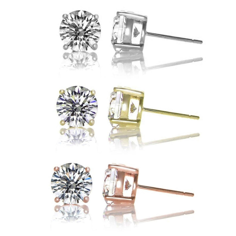 3-Pair: Sterling Silver Cubic Zirconia Stud Earrings Set Image 1