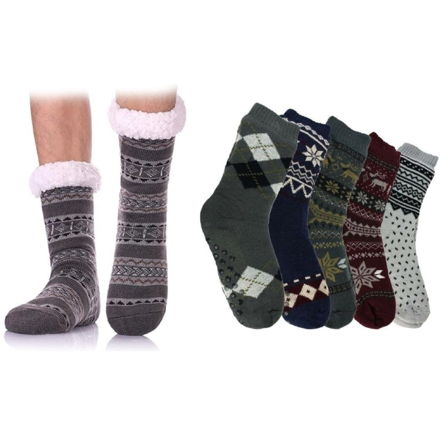 3-Pairs: Mens Assorted Soft Fluffy Sherpa Slipper Socks Image 1