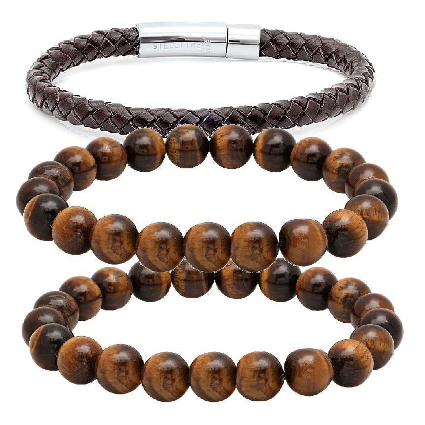 3-Piece Set: Brown Leather Stainless Steel and Genuine Tiger Eye Beaded Bracelet Set Image 1