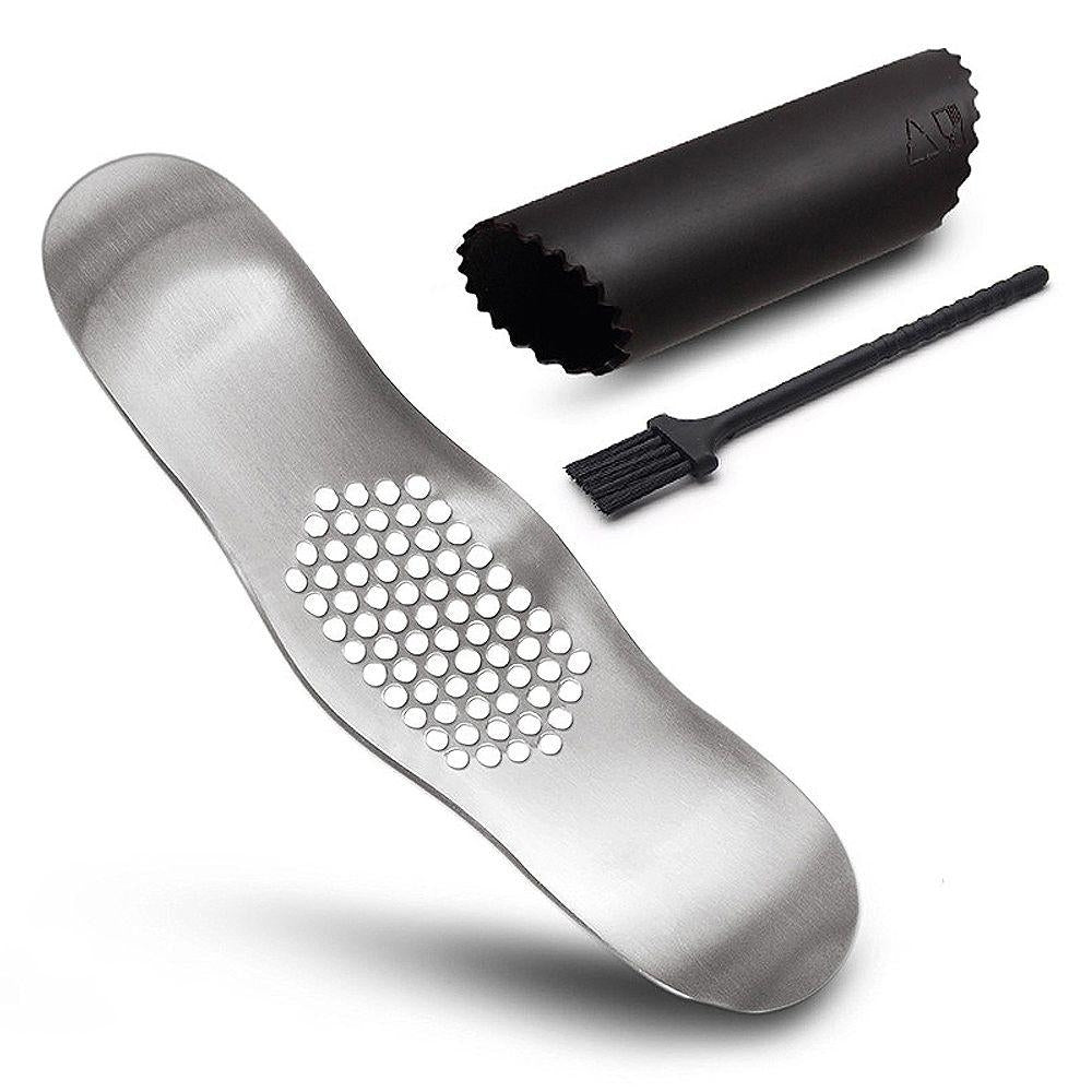 3-Piece Set: Stainless Steel Garlic Crusher Press and Peeler with Cleaning Brush Image 2