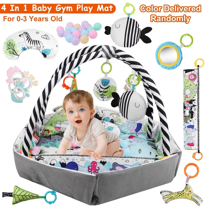 4-in-1 Baby Gym Play Mat Ball Pit with Pillow 18 Balls 9 Toys for 0-3 Years Old Image 7