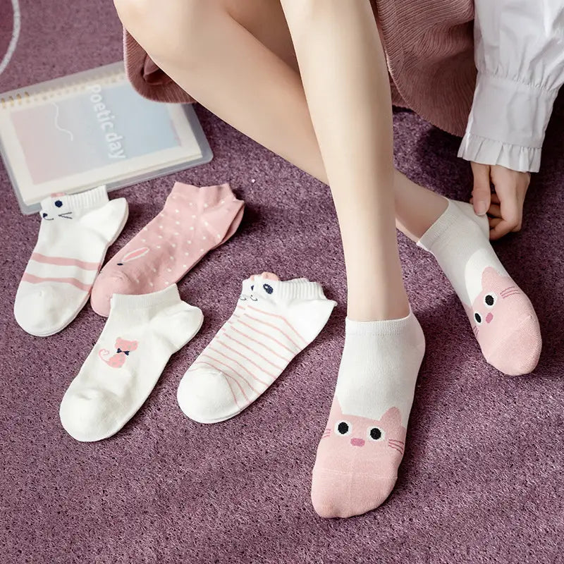 5-Pairs: Pink Kitty Crew Socks Image 1