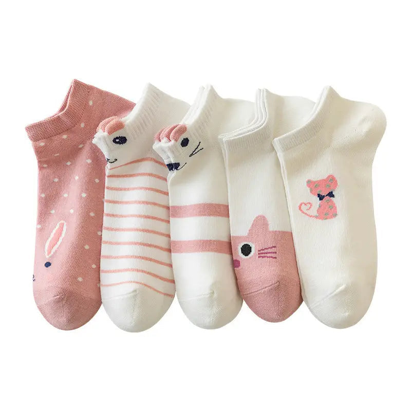 5-Pairs: Pink Kitty Crew Socks Image 2