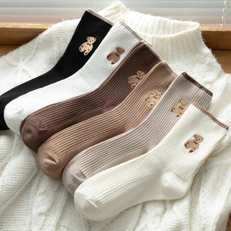 5-Pairs: Bear Embroidery Low Cut Ankle Socks Image 1