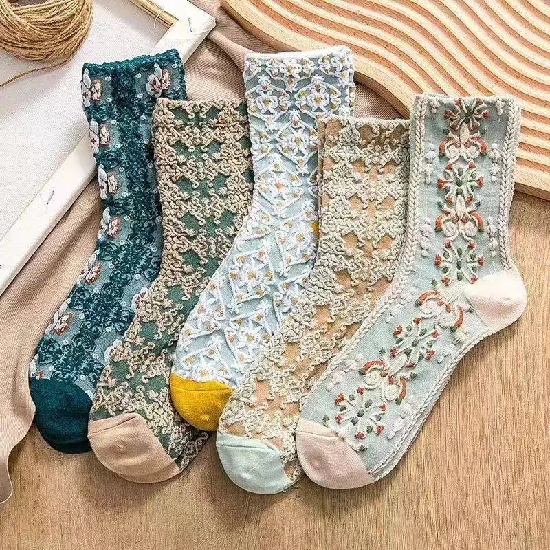 5-Pairs: Flower Geometric 3D Textured Ankle Cotton Blend Cottage Core Lucky Socks Image 1